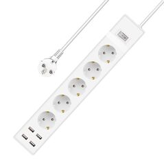 Extension socket No brand, 5 way, 250V, 16A, Cable, 3m., 4 x USB F, With switch, White - 17890 έως 12 άτοκες Δόσεις