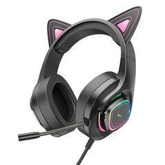 Hoco Casti Gaming Jack 3.5mm cu LED si Microfon - Hoco Cat Ears (W107)  - Black / Pink 6931474791252 έως 12 άτοκες Δόσεις