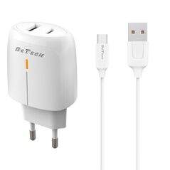 Φορτιστής δικτύου DeTech DE-31M, 20W, καλώδιο Micro USB, 1 x Type-C F, 1 x USB F, PD, λευκό - 40319