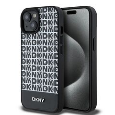 DKNY case for iPhone 15 6,1&quot; DKHMP15SPSOSPK black HC Magsafe pu repeat pattern w bottom stripe 3666339262211