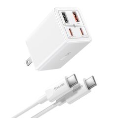 Baseus US Charger 2x USB, 2x Type-C, 65W + Type-C Cable, 100W, 20V, 5A, 1m - Baseus GaN6 Pro (P1016270222213-00) - White 6932172644420 έως 12 άτοκες Δόσεις