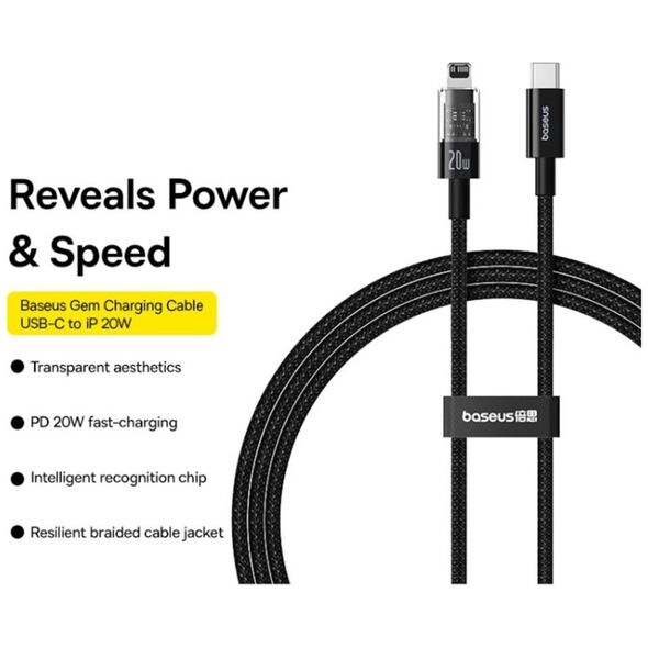 Baseus Cable USB-C to Lightning, Fast Charging 20W, 1m - Baseus Gem (P1037300111111-00) - Cluster Black 6932172658939 έως 12 άτοκες Δόσεις