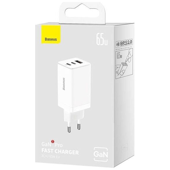 Baseus 3in1 EU Charger, 65W, Type-C Cable - Baseus GaN5 Pro (CCGP120202) - White 6932172617516 έως 12 άτοκες Δόσεις