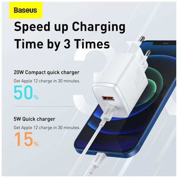 Baseus Baseus - Wall Charger Compact (CCXJ-B02) - USB-C, PD, 20W, USB-A, QC, 3A - White 6953156207240 έως 12 άτοκες Δόσεις