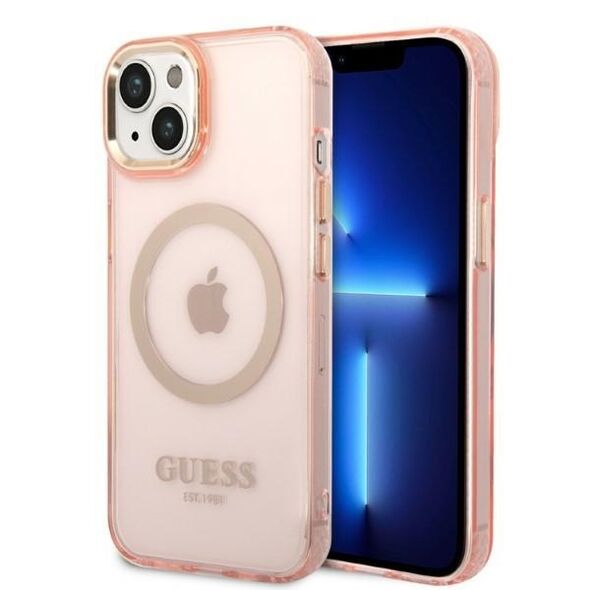 Guess GUHMP14SHTCMP iPhone 14 6.1&quot; pink/pink hard case Gold Outline Translucent MagSafe 3666339069667