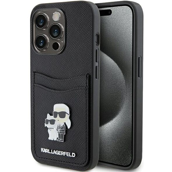 Karl Lagerfeld Saffiano Cardslot Karl&amp;Choupette Metal Pin case for iPhone 15 Pro - black 3666339165536