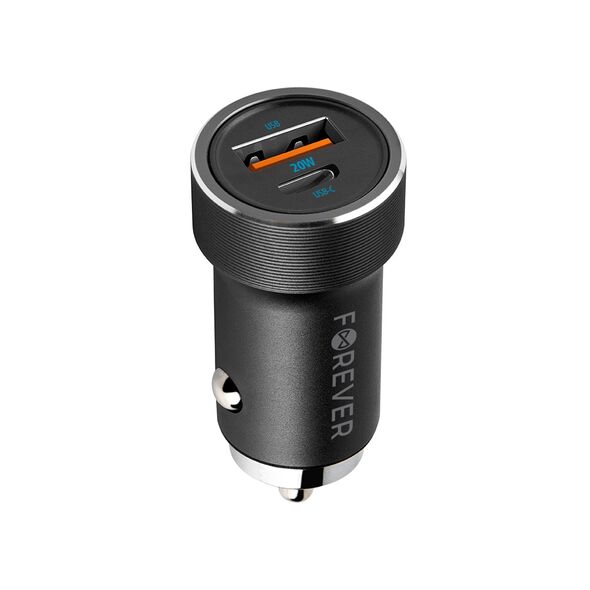 Forever CC-06 PD QC car charger 1x USB-C 1x USB 20W black + USB-C - USB-C cable 60W 5900495269379