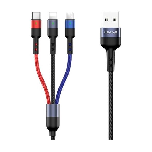 Kabel USB Usams USB-A - USB-C + microUSB + Lightning 0.35 m Czarny (63751-uniw)