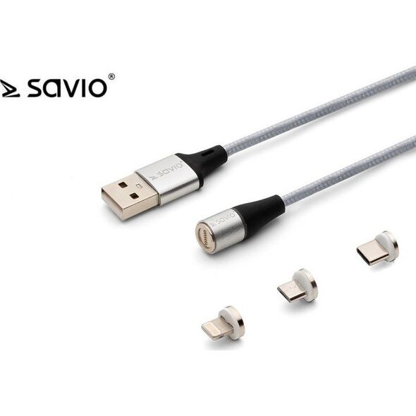 Kabel USB Savio USB-A - USB-C + microUSB + Lightning 1 m Srebrny (1_790966)