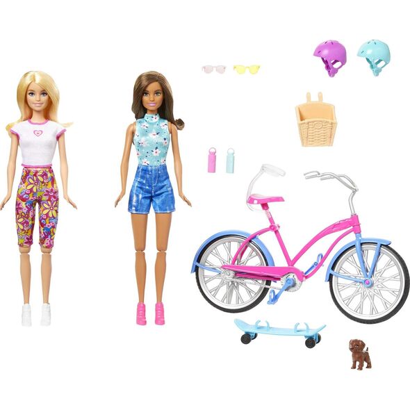 Lalka Barbie Mattel Zestaw: 2 lalki + rower plażowy + deskorolka + akcesoria (HJY84)