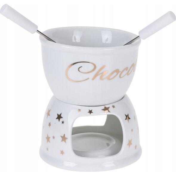 Excellent Houseware Zestaw do fondue czekoladowego X-MASS, biały ze złotymi gwiazdkami