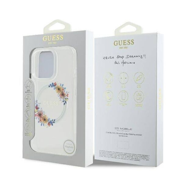 Original Case IPHONE 16 Guess Hardcase IML Flowers Wreath MagSafe (GUHMP16SHFWFCT) transparent 3666339311421