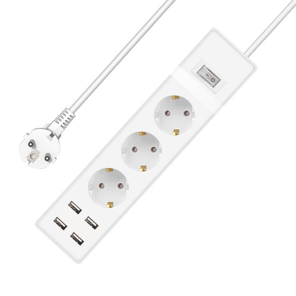 Extension socket No brand, 3 way, 250V, 16A, Cable, 1.5m., 4 x USB F, With switch, White - 17885 έως 12 άτοκες Δόσεις