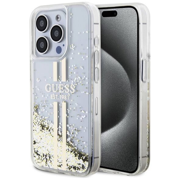 Guess Case for iPhone 15 Pro - Guess Liquid Glitter Gold Stripes (GUHCP15LLLLFCFCSEGT) - Transparent 3666339223960 έως 12 άτοκες Δόσεις