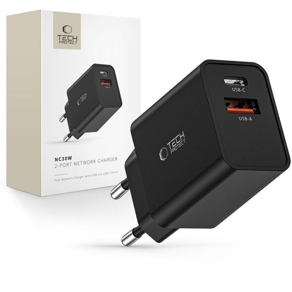 Tech-Protect NC30W USB-C PD 30W / USB-A QC 3.0 network charger - black 9490713935187