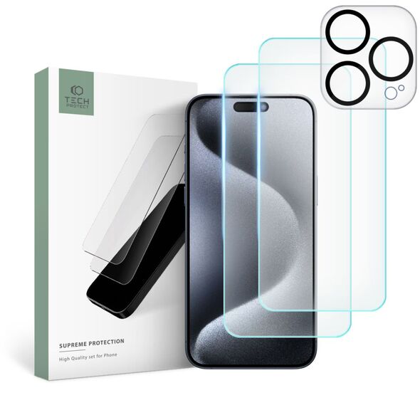 Tech-Protect Supreme Set for iPhone 15 Pro 2x Tempered Glass for Display / Tempered Glass for Camera 9319456604719