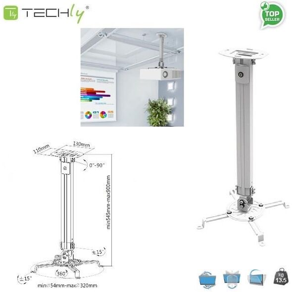 Uchwyt do projektorów Techly regulowany 55-90 cm, sufitowe, srebrny (309661)