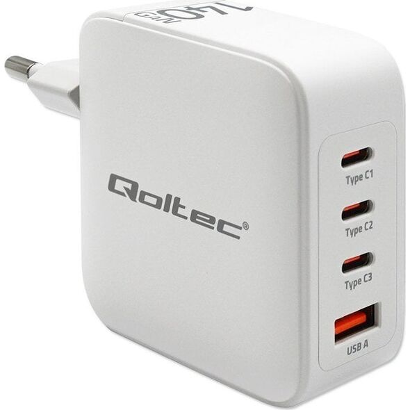 Ładowarka Qoltec Qoltec Ładowarka sieciowa 140W GaN  | 5-20V | 2.5-5A | 3 x USB-C PD | 1 x USB QC 3.0 | Biała