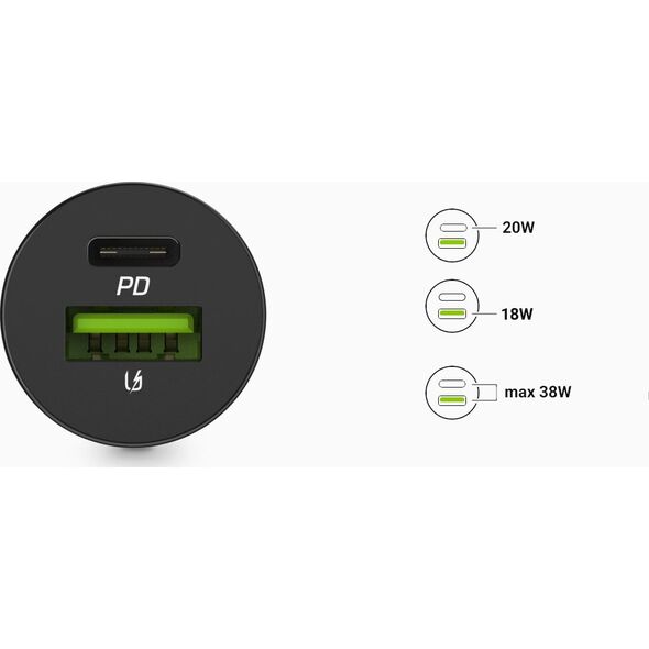 Ładowarka Green Cell Ładowarka samochodowa Green Cell PowerRide Nano 38W USB-C USB-A Power Delivery 3.0 z szybkim ładowaniem Ultra Charge