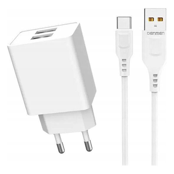 Ładowarka Vega ŁADOWARKA SIECIOWA 2.1A 10W  BIAŁA DENMEN 2100mA 2xUSB DC02 + KABEL TYP-C WHITE>