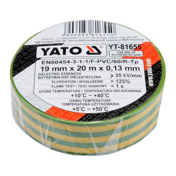 Yato Taśma elektroizolacyjna 19x0,13mm/20m PVC, izolacja-max 40kV /żółto-zielony/ - YT-81655 3073901 5906083816550