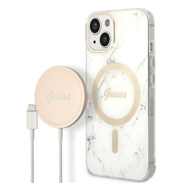 Set Guess GUBPP14SHMEACSH Case+ Charger iPhone 14 6.1&quot; white/white hard case Marble MagSafe 3666339103187