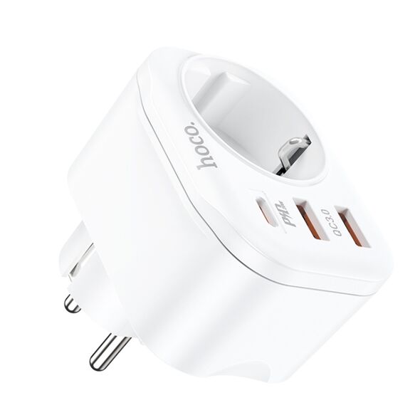 Hoco Incarcator Priza, Adaptor Shuko 2xUSB-A, Type-C, QC 3.0, 3A, PD 20W - Hoco (NS3) - White 6931474766175 έως 12 άτοκες Δόσεις