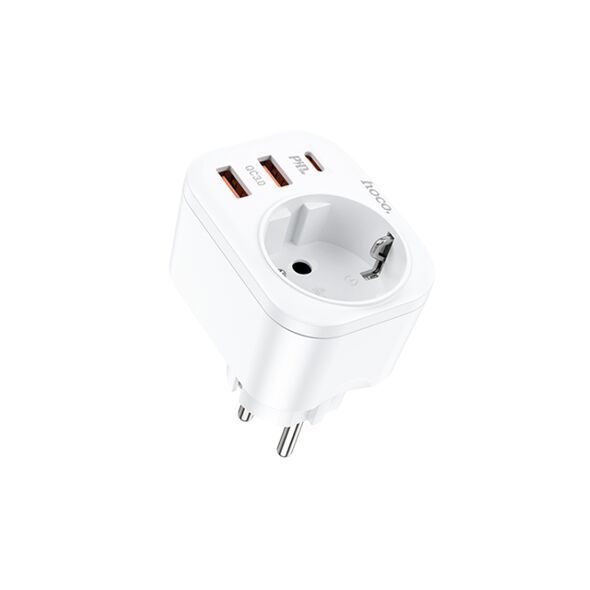 Hoco Incarcator Priza, Adaptor Shuko 2xUSB-A, Type-C, QC 3.0, 3A, PD 20W - Hoco (NS3) - White 6931474766175 έως 12 άτοκες Δόσεις