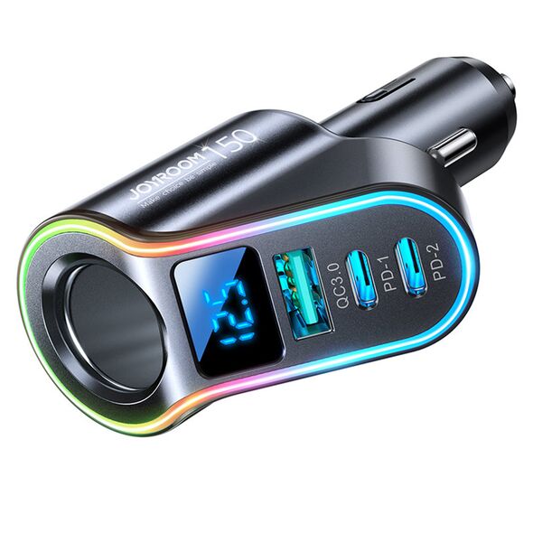 JoyRoom JoyRoom - Car Charger 4in1 (JR-CL21) - USB, 2xType-C, Cigarette Lighter Socket, RGB Lights, Digital Display, 150W - Black 6941237114273 έως 12 άτοκες Δόσεις