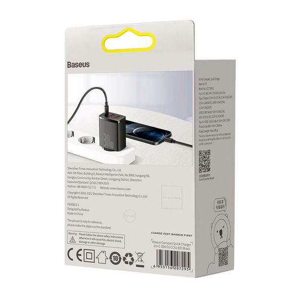 Baseus Charger Baseus Compact Quick Charger, 2xUSB, USB-C, PD, 3A, 30W (czarna) 028970 έως και 12 άτοκες δόσεις