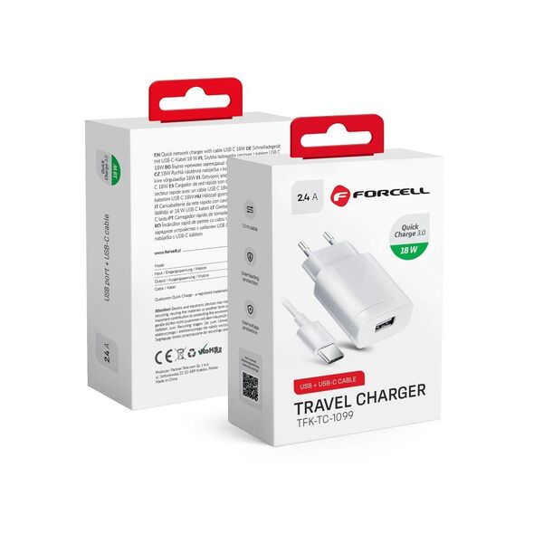 Forcell Travel Charger USB and type-C Cable - 2,4A Quick Charge 3.0 function (18W) FOCH-373304 56450 έως 12 άτοκες Δόσεις
