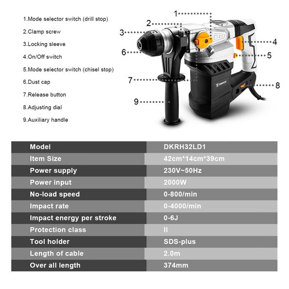 Κρουστικό Περιστροφικό Πιστολέτο SDS PLUS 2000W 6J DEKO DKRH32LD1 Κρουστικό Περιστροφικό Πιστολέτο SDS PLUS 2000W 6J DEKO DKRH32LD1 έως 12 άτοκες Δόσεις