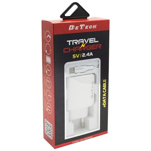 Φορτιστής δικτύου, DeTech, DE-09i, 5V/2.4A, 220V, Universal, 2 x USB, καλώδιο Lightning, 1.0m, λευκό - 14142