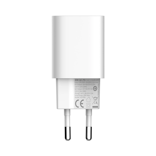 Φορτιστής δικτύου LDNIO A2318C, 20W, 1 x Type-C F, 1 x USB F, PD, QC, Καλώδιο Lightning, λευκό - 40290