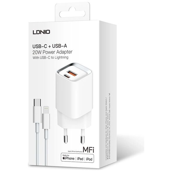 Φορτιστής δικτύου LDNIO A2318M, MFi, 20W, 1 x Type-C F, 1 x USB F, PD, QC, Καλώδιο Type-C to Lightning, λευκό - 40281