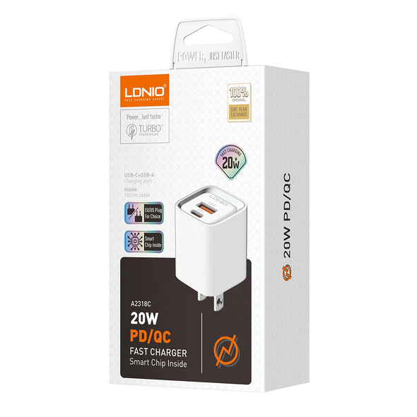 Φορτιστής δικτύου LDNIO A2318C, 20W, 1 x Type-C F, 1 x USB F, PD, QC, Καλώδιο Type-C, λευκό - 40291