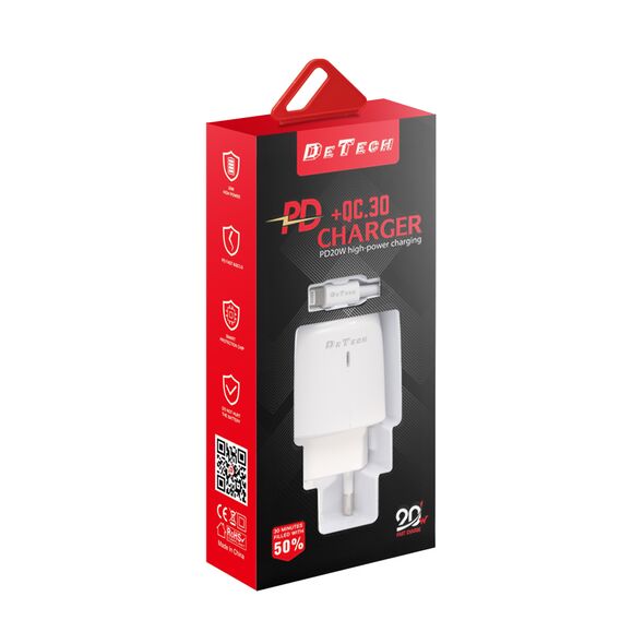 Φορτιστής δικτύου DeTech DE-31C, 20W, καλώδιο Type-C, 1 x Type-C F, 1 x USB F, PD, λευκό - 40321