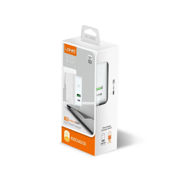 Network charger LDNIO A4403C, 1xUSB, 1xType-C PD, με καλώδιο Type-C to Type-C , White - 40094