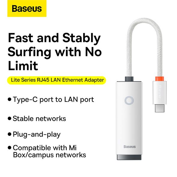 Baseus Adaptor USB-C to RJ45 LAN Port, 1000Mbps - Baseus Lite Series (WKQX000302) - White 6932172606121 έως 12 άτοκες Δόσεις