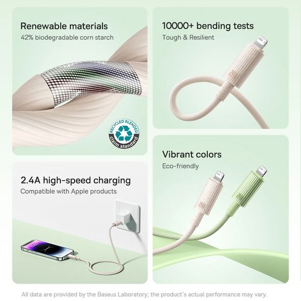 Baseus Cablu USB la Lightning, 480Mbps, 2.4A, 2m - Baseus Habitat Series (P10360200631-01) - Natural Green 6932172642914 έως 12 άτοκες Δόσεις