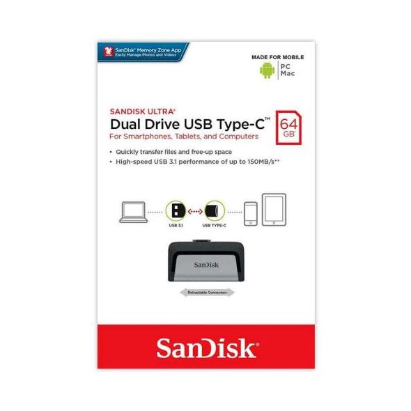 USB 3.1 Flash Disk SanDisk Dual Drive USB C 64GB 150 MB/s Ασημί 619659142056 619659142056 έως και 12 άτοκες δόσεις