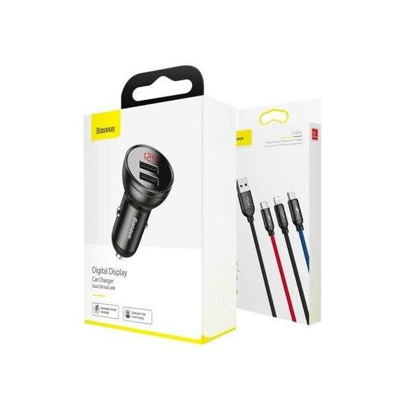 Baseus Baseus Digital Display Dual USB 4.8A Car Charger 24W with Three Primary Colors 3-in-1 Cable USB 1.2M Black Suit Grey 021273  TZCCBX-0G έως και 12 άτοκες δόσεις 6953156215405