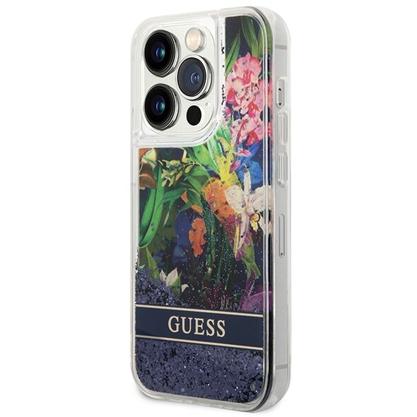 Guess case for iPhone 14 Pro Max 6,7&quot; GUHCP14XLFLSB blue hardcase Flower Liquid Glitter 3666339066116
