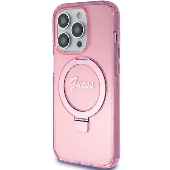 Guess case for iPhone 15 Pro 6,1&quot; GUHMP15LHRSGSP pink HC RING STAND MAGSAFE SCRIPT LOGO GLITTER 3666339156480