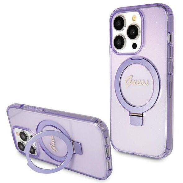 Guess case for iPhone 15 Pro 6,1&quot; GUHMP15LHRSGSU purple HC RING STAND MAGSAFE SCRIPT LOGO GLITTER 3666339156763