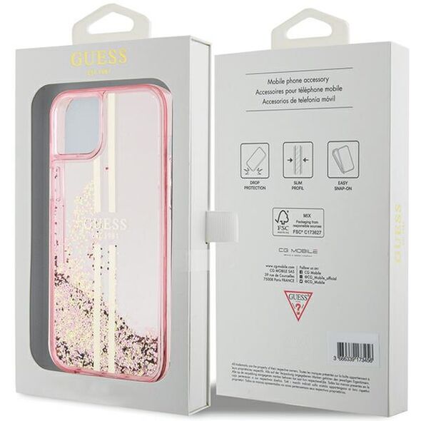 Guess case for iPhone 15 Plus 6,7&quot; GUHCP15MLFCSEGP pink HC LIQ. GLITTER GOLD STRIPES 3666339223670