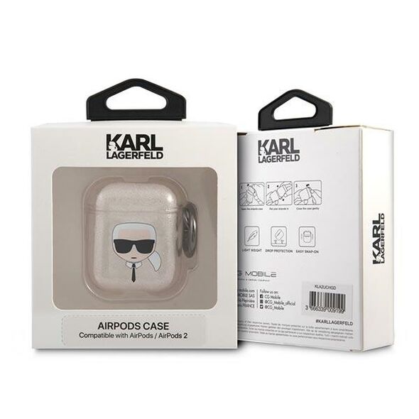 Karl Lagerfeld case for Airpods 1/2 KLA2UKHGD cover gold Glitter Karl`s Head 3666339030346