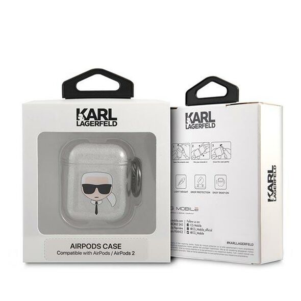 Karl Lagerfeld case for Airpods 1/2 KLA2UKHGS cover silver Glitter Karl`s Head 3666339030285