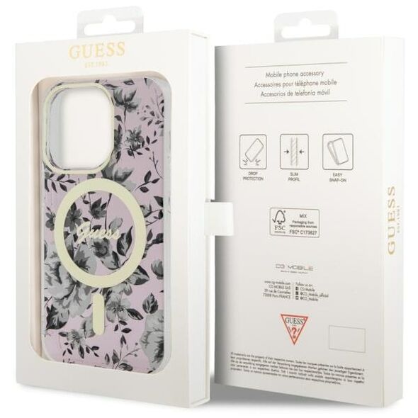 Guess case for iPhone 14 Pro 6,1&quot; GUHMP14LHCFWSP pink hardcase Magsafe IML Flower 3666339115579