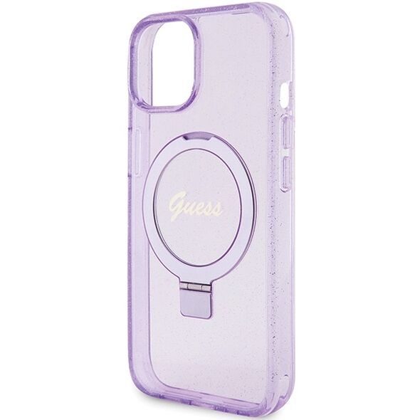 Guess case for iPhone 15 6,1&quot; GUHMP15SHRSGSU purple HC RING STAND MAGSAFE SCRIPT LOGO GLITTER 3666339156749